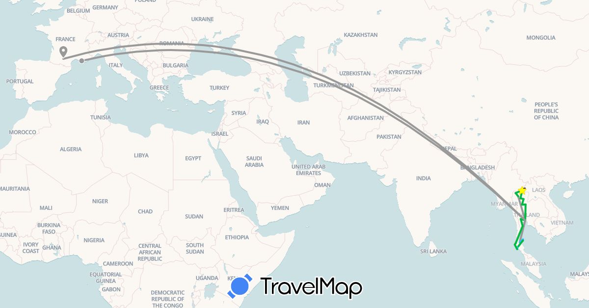 TravelMap itinerary: bus, plane, boat, motorbike in France, Thailand (Asia, Europe)